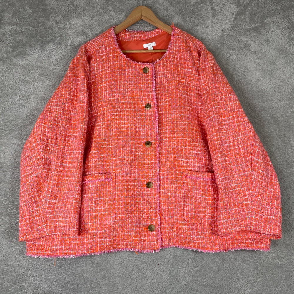 J Jill Tweed Jacket Womens 4X Orange Pink Plaid Fringe Trim Button Front Coat